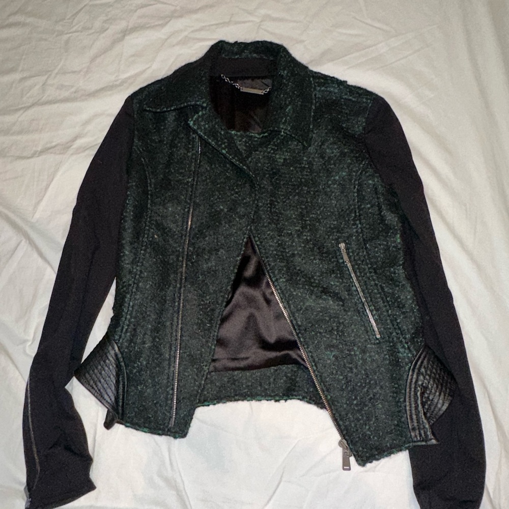 Elie Tahari Green and Black Fitted Jacket - Leather and Tweed